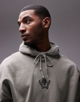 Topman oversized fit hoodie with heart tattoo embroidery in washed khaki