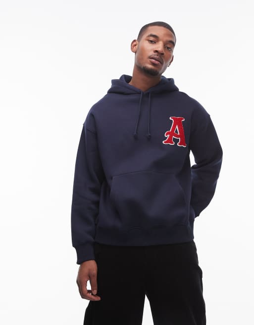 Topman oversized fit hoodie with letter chenille embroidery in navy ASOS