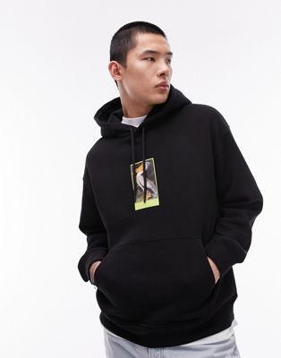 Topman Oversized Fit Hoodie With Pelican Chest Print In Black
