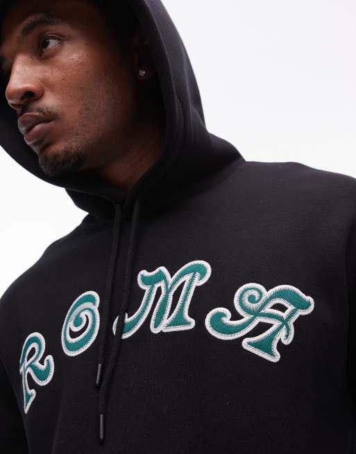 Topman oversized fit hoodie with Roma applique embroidery in black ASOS