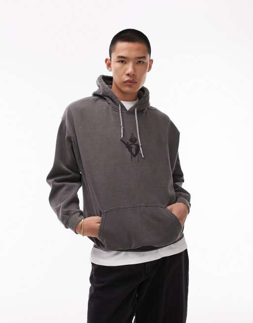 Topman oversized fit hoodie with sacred heart tattoo in washed black