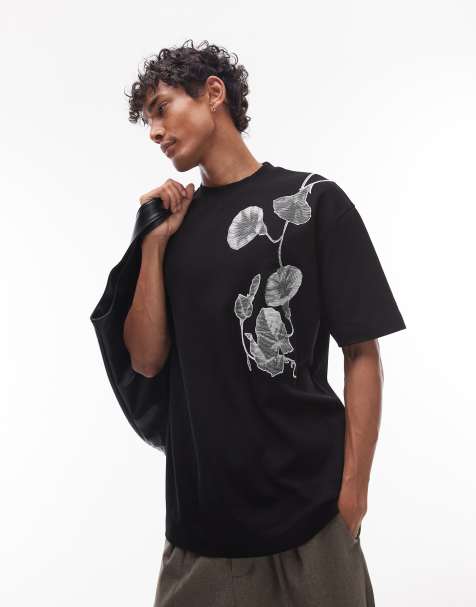 Topman oversized fit interlock t-shirt with floral embroidery in black - view 1