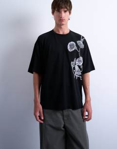 Oversized fit interlock t-shirt with floral embroidery in black