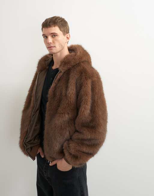 Topman oversized fit jacka med huva i fuskpäls, brun, 5 av 5