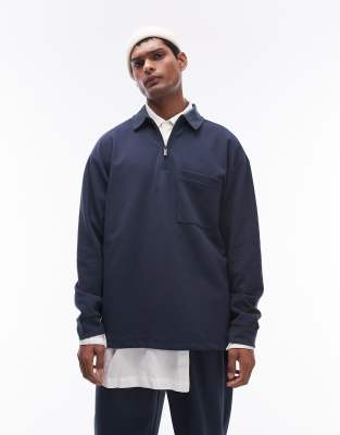 Topman Oversized Fit Jersey 1/4 Zip Polo In Navy