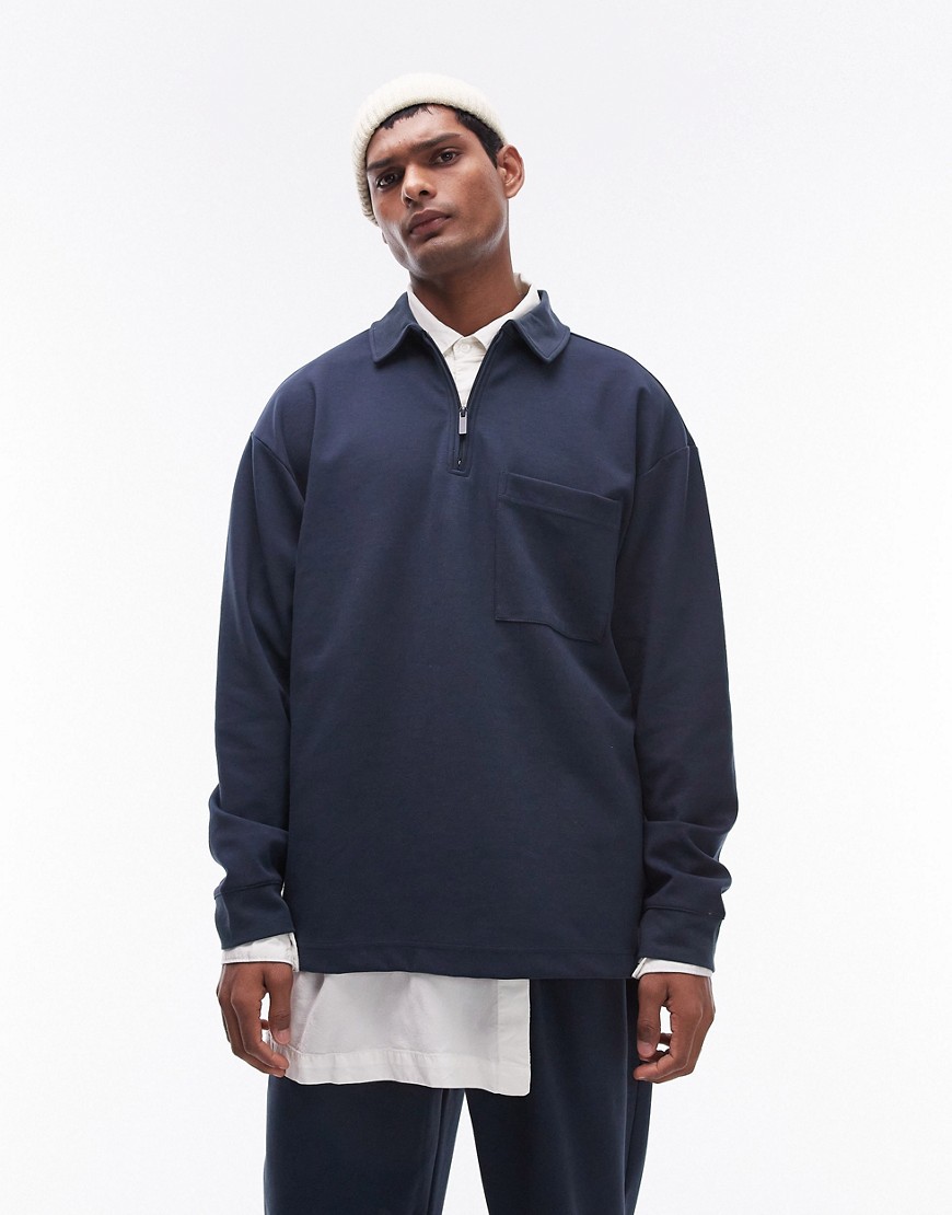 oversized fit jersey 1/4 zip polo in navy