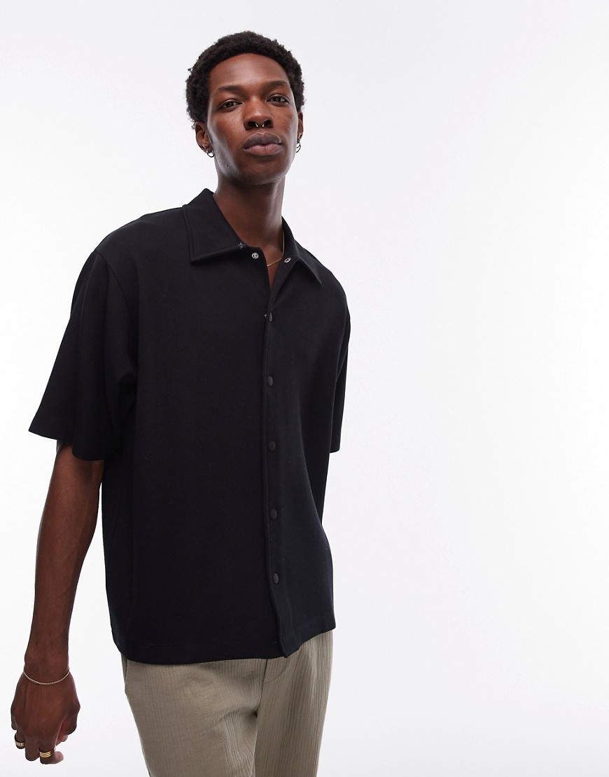 Topman oversized fit jersey polo with poppers in black