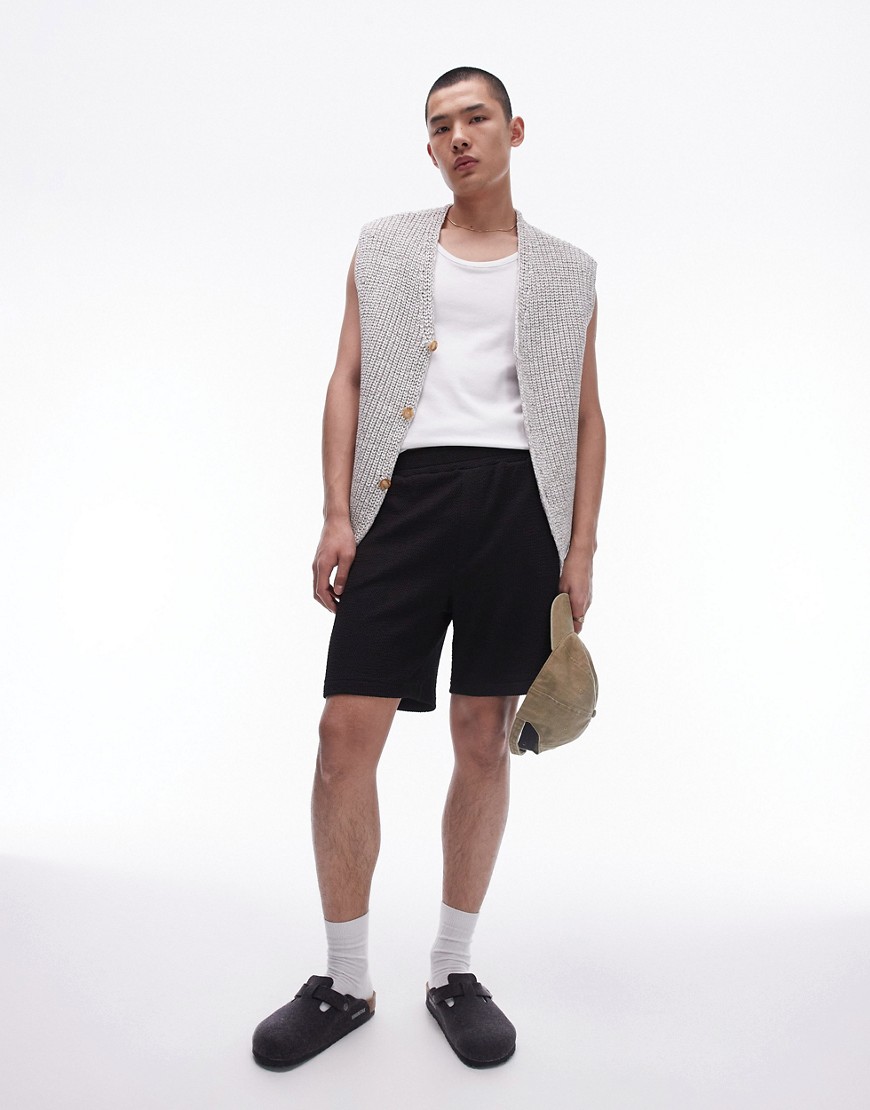 Topman oversized fit jersey short with crinkle plisse texture in black