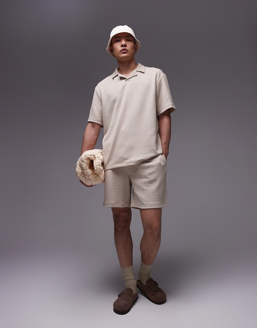 Topman oversized fit jersey short with crinkle plisse texture in stone-Neutral