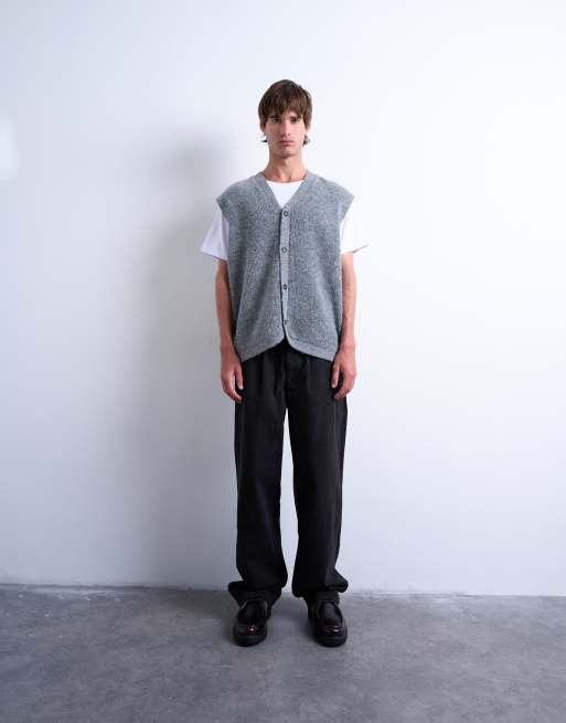 Topman oversized fit knit button up tank top in charcoal
