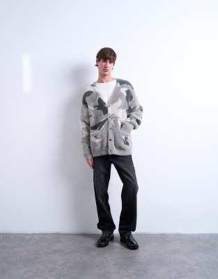 Topman Oversized Fit Knit Cardigan With Camo Design In Brown