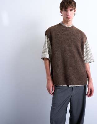 Topman Oversized Fit Knit Crew Neck Tank Top In Brown
