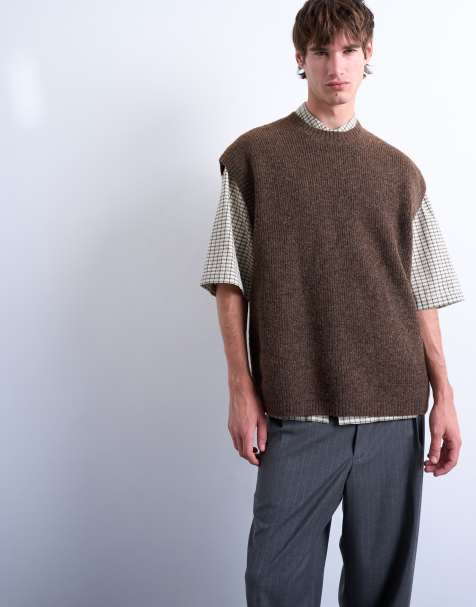 Topman oversized fit knit crew neck tank top in brown - view 1