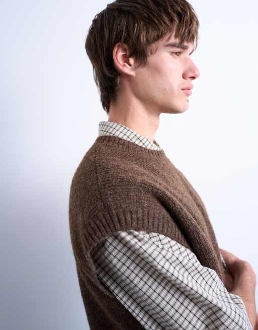 Topman oversized fit knit crew neck tank top in brown, 3 of 5