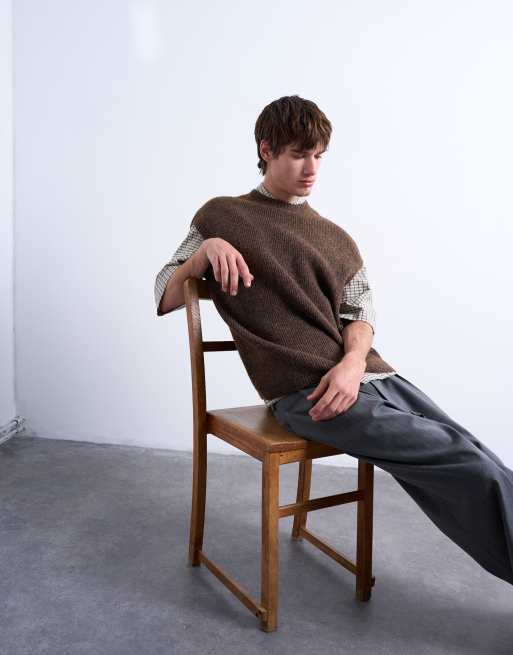 Topman oversized fit knit crew neck tank top in brown, 5 of 5
