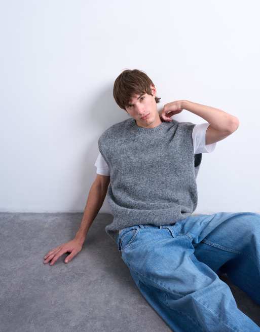 Topman oversized fit knit crew neck tank top in charcoal
