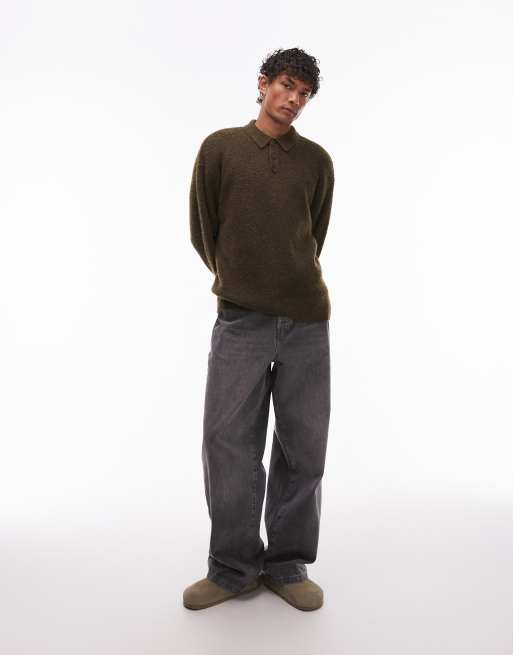 Topman oversized fit knit polo shirt in khaki