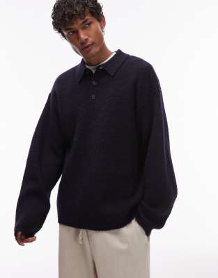 Topman Oversized Fit Knit Polo Shirt In Blue