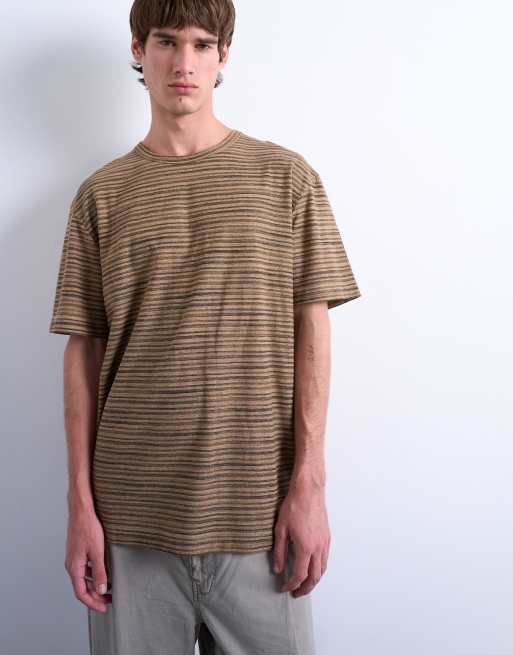 Topman oversized fit knit stripe T-shirt in brown