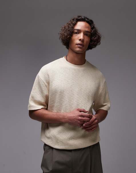 Topman oversized fit knit textured t-shirt in stone - view 1