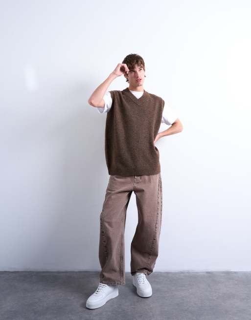 Topman oversized fit knit v-neck tank top in brown