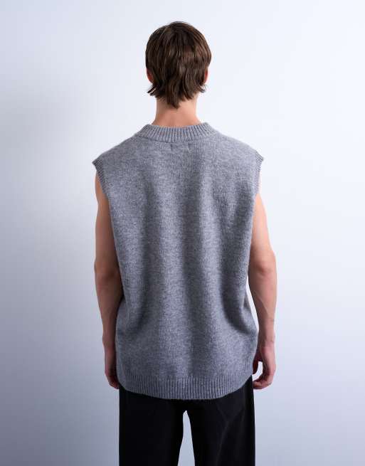 Topman oversized fit knit v-neck tank top in gray