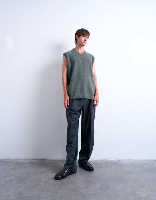 Topman oversized fit knit v-neck tank top in sage green, 2 of 5