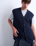 [Topman] Topman oversized fit knitted button-through tank top in navy XS NAVY