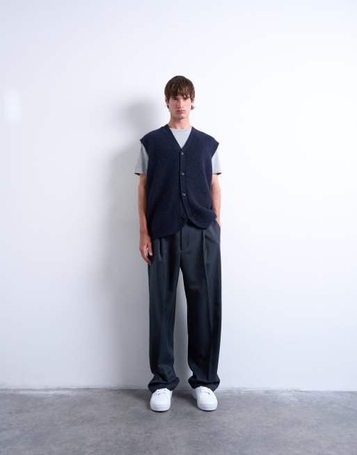 Topman oversized fit knitted button-through tank top in navy, 2 of 5