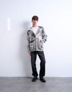 Oversized fit knitted cardigan with camo design in grey