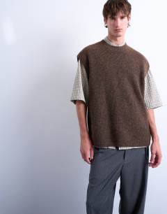 Oversized fit knitted crew neck tank in brown