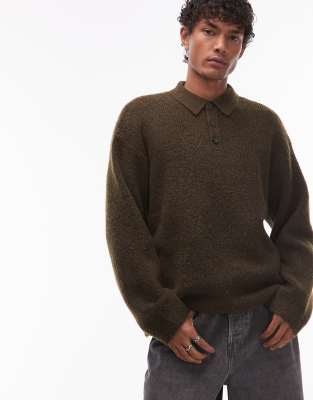Topman Topman oversized fit knitted polo in khaki-Green