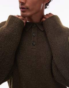Model wearing Oversized fit knitted polo in khaki