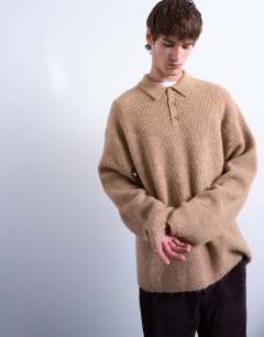 Model wearing Oversized fit knitted polo in stone