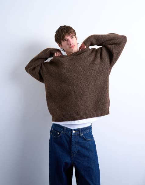Topman oversized fit knitted v-neck jumper in brown - view 1