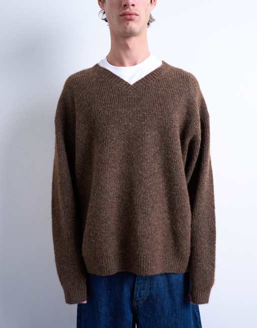 Topman oversized fit knitted v-neck jumper in brown, 5 of 5
