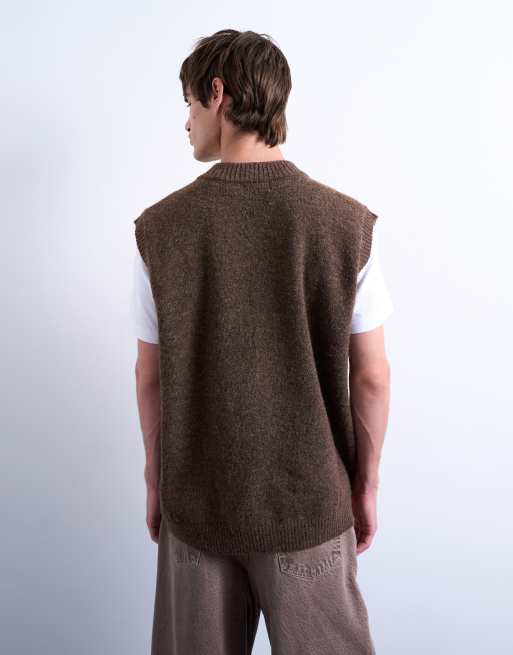 Topman oversized fit knitted v-neck tank in brown, 3 of 5