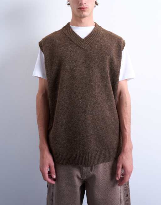 Topman oversized fit knitted v-neck tank in brown, 4 of 5