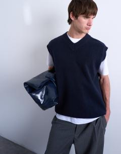 Oversized fit knitted v-neck tank in navy