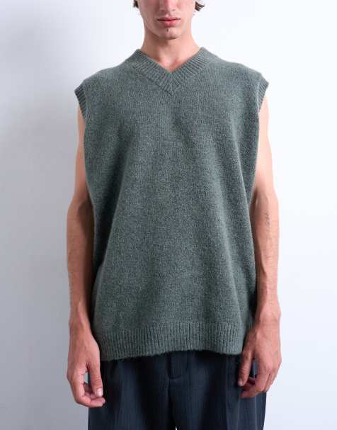 Topman oversized fit knitted v-neck tank in sage green - view 1