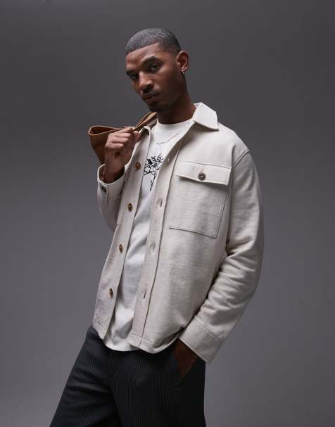 Topman oversized fit linen blend button through shacket in ecru - view 1