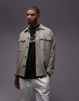 Topman oversized fit linen blend button through shacket in khaki-Green