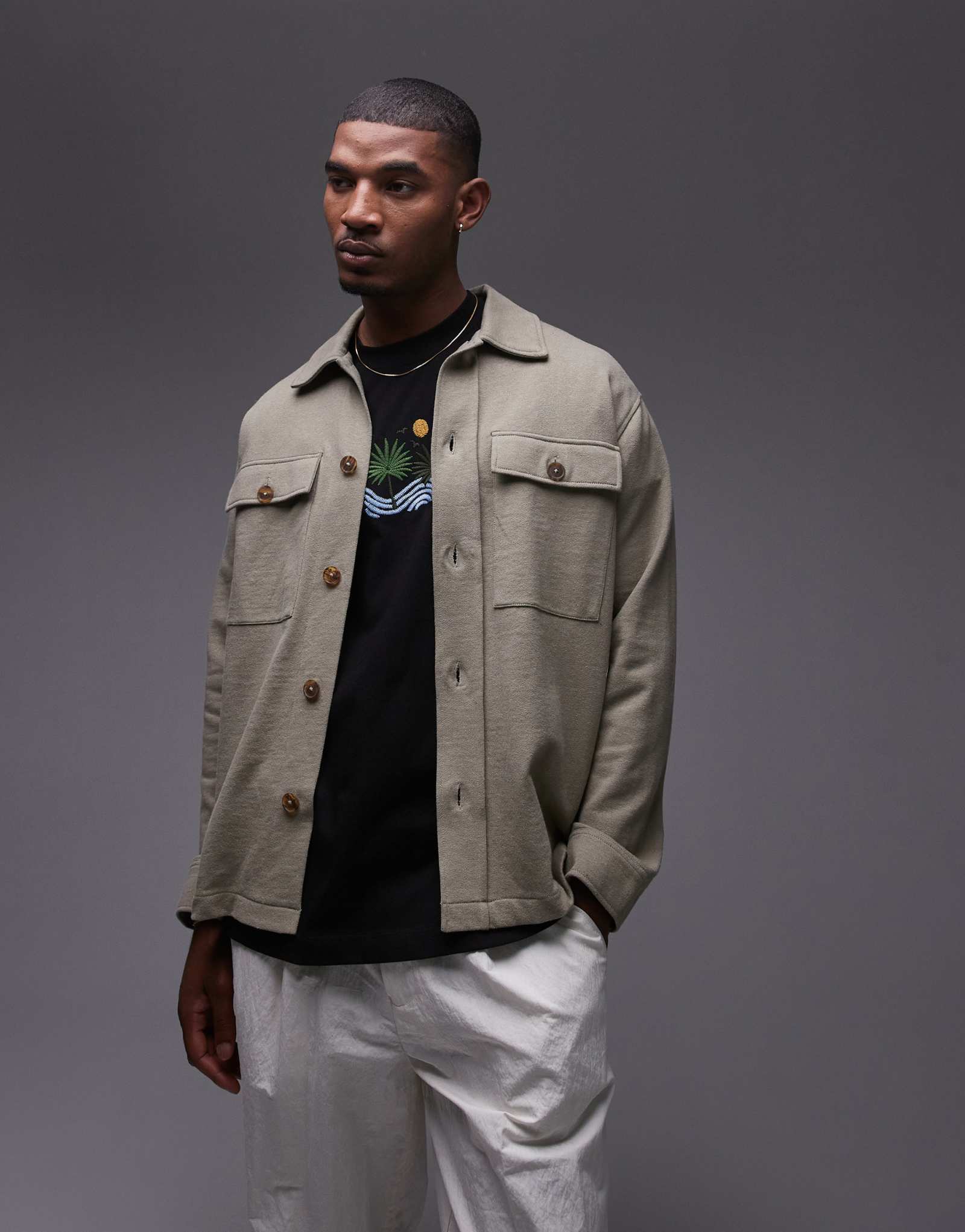 Джемпер льняной на пуговицах Topman oversize-fit цвета хаки