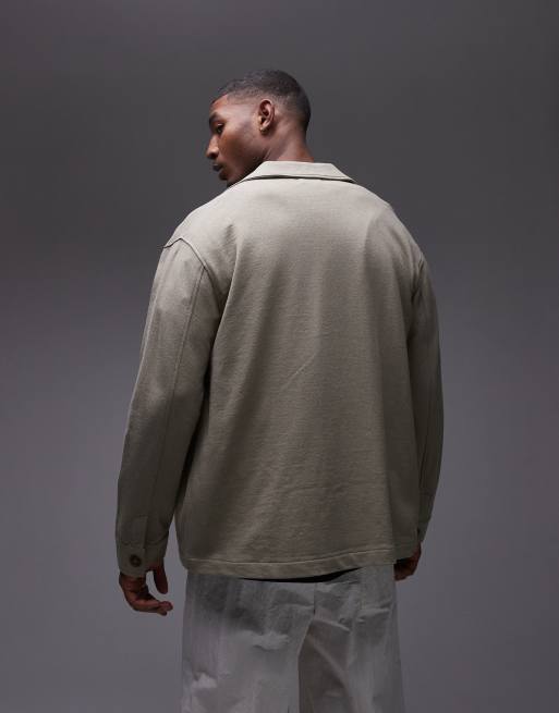Topman oversized fit linen blend button up shacket in khaki, 2 of 4
