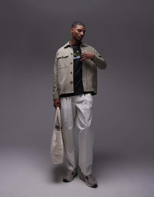 Topman oversized fit linen blend button up shacket in khaki, 4 of 4
