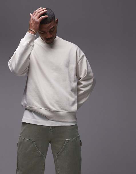 Topman oversized fit linen blend crew sweatshirt in ecru - view 1