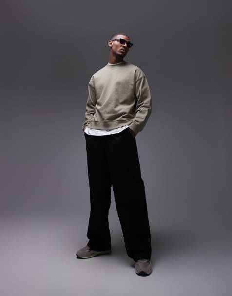 Topman oversized  fit linen blend crew sweatshirt in khaki - view 1