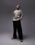 [Topman] Topman oversized fit linen blend crew sweatshirt in khaki-Green 2XL KHAKI