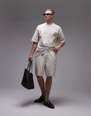 Topman Topman oversized fit linen blend short in stone-Neutral
