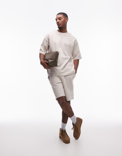 Topman oversized fit linen blend short in stone - view 1